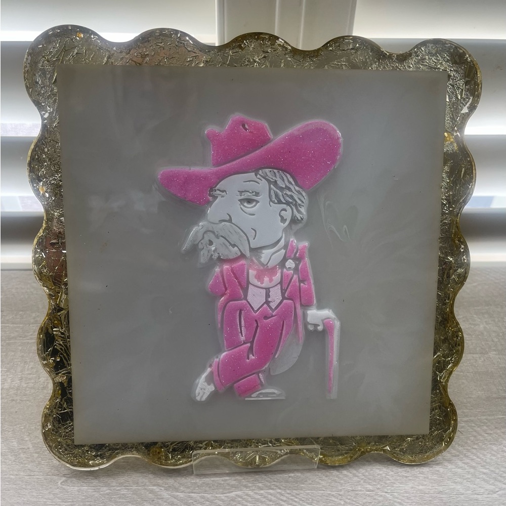 Gilded Scalloped framed pink and gold Ole Miss Rebel Art.  10x10.